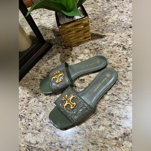 TORY BURCH Eleanor Embellished Snake-effect Green Leather Sandals 7.5